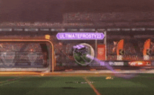 a soccer game is being played in a stadium with a purple sign that says ultimate frosty23 .