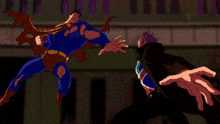 a cartoon of superman fighting a man with a green light behind them
