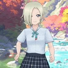 a girl with short blonde hair is wearing a plaid skirt