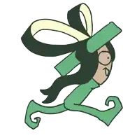 a cartoon drawing of a person with a green ribbon around their neck