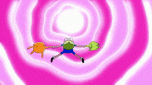 a cartoon character is laying on a pink background