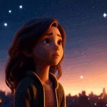 a cartoon girl is looking up at the sky at night