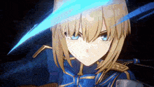 a blonde anime girl with blue eyes is holding a sword