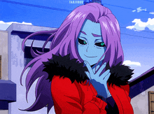 a girl with purple hair and green eyes is wearing a red jacket and a black fur collar