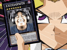 a card that says exodarwin on it with a man wearing headphones