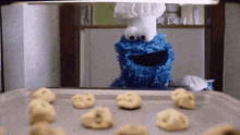 cookie monster wearing a chef 's hat is looking at cookies on a pan