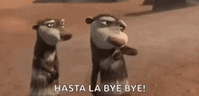 two cartoon opossums are standing next to each other on a dirt field .