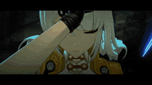 a close up of a video game character with a sword in her hand
