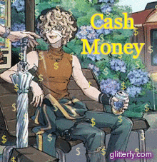 a cartoon of a woman sitting on a bench with the words cash money written on the bottom