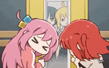 two anime girls are looking at each other in the mirror .