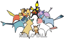 a group of pokemon are standing in a circle with the words `` hello yall '' written on the bottom .