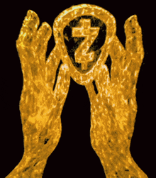 a drawing of two hands holding a coin with the number 7 in the center