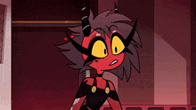 a cartoon character with horns and yellow eyes looks surprised