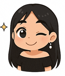 a cartoon girl with long black hair is winking and smiling