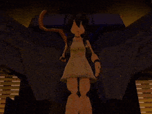 a girl in a white dress is standing in front of a robot