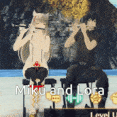 miku and lora are playing flutes together in a video game