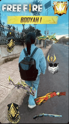 a girl with a backpack is walking down a street with the words free fire booyah behind her