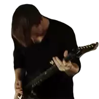 a man in a black shirt is playing an electric guitar on a white background