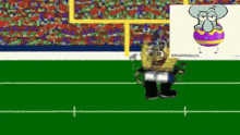 a cartoon of a football field and a cartoon of a purple egg with arms and legs