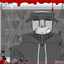 a black and white drawing of a man wearing a hat and a hoodie with the words picmix below it