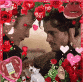 a collage of two men and a cat with a heart that says " i love you "