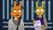 a cartoon character says " what the hell happened " while holding a purple mask