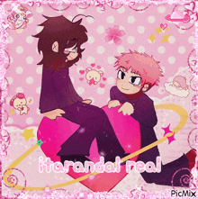 a drawing of two boys sitting on a pink heart with the words itarandal real written on the bottom