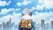a woman in a kimono looks out over a city