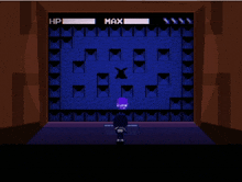 a video game screen shows a character standing in front of a wall with hp and max displayed