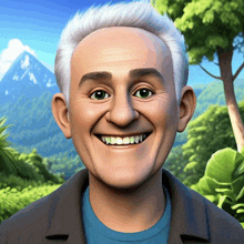 a man with white hair and green eyes is smiling