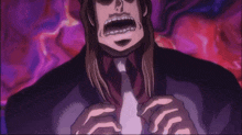 a man with long hair and a tie is screaming with his mouth open