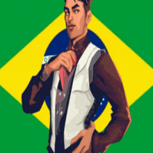 a man in a suit and tie is adjusting his tie in front of a brazilian flag