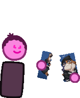 a cartoon drawing of a person with a pink face and a purple rectangle