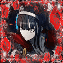 a picture of a girl with a crown on her head is surrounded by red roses and sparkles