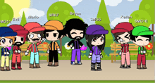 a group of cartoon characters are standing in a park with names like mario and bryan