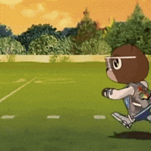 a cartoon character wearing sunglasses is running on a green field