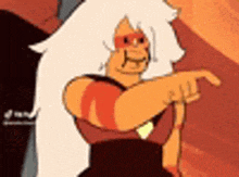 jasper from steven universe is pointing at something with her finger .