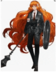 a girl with long red hair is holding a shield and a spear