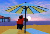 a person sits under an umbrella on a beach