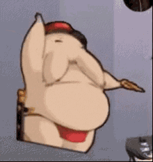 a cartoon drawing of a fat man with a red hat holding a pizza .