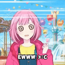 a pink haired anime girl is standing in front of a merry go round and making a funny face .