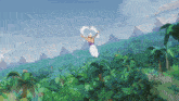 a cartoon of a person flying through the air in a jungle