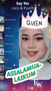 a woman wearing a white hijab and a pink crown with the words queen on it