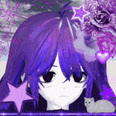 a girl with purple hair is surrounded by purple flowers and stars