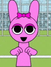 a pink cartoon bunny with a pink bow on her head is pointing at something .