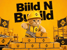 a cat wearing a hard hat and vest is building a brick wall