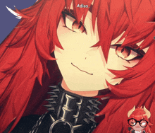 a close up of a red haired anime character with the words adios written above her