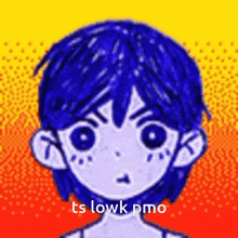 a drawing of a boy with blue hair and the words `` ts lowk pmo '' on the bottom .