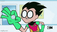 a cartoon character from teen titans go is holding a coin in his hand .