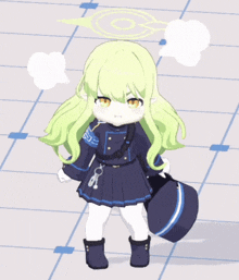 a little girl with green hair is holding a bag and a hat